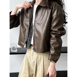 Spring PU Leather Jacket: Stylish Turn Down Collar Zip Up Womens