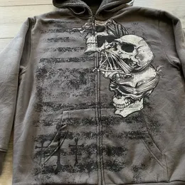 Gothic Skull Print Zipper Hoodie - Streetwear Retro Harajuku