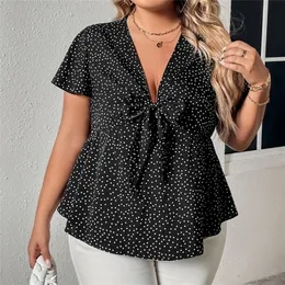 Black Blouse White Polka Dots: Plus Size Deep V Neck Printed Top