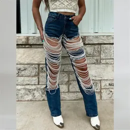 Fashion Chain Detail Ripped Jeans: Womens Wide Leg Trousers