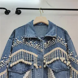 Pearl Rhinestone Denim Jacket: Trendy Beaded Tassel Bomber