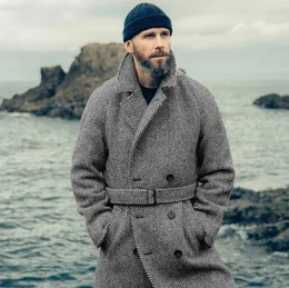 Mens autumn and winter mid-length woolen British style sub-coat new  double-breasted quilted thickened mens warm coatXJ240822