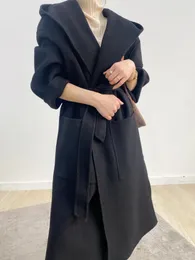 Premium Wool Long Overcoat - Double-Sided Hooded Design, Belted