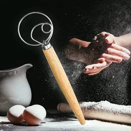 Frusta per pasta danese,Danish Dough Whisk Frusta danese Dough Mixer,frusta per uova con manico in legno frullatore 304 filo in acciaio inox per la produzione di pane,dolci, dessert pasta per pizza