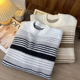 Mens Striped Sweaters Harajuku Knitted Pullover Loose Fit Color