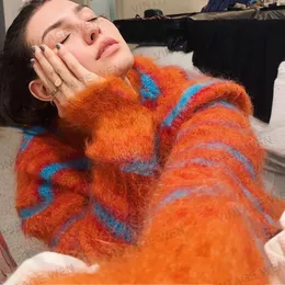 Retro Orange Mink-like Striped Street Knitted Cardigan Womens Sweater Coat All-Matching Loose Fashion Coat Contrasting Color 240824