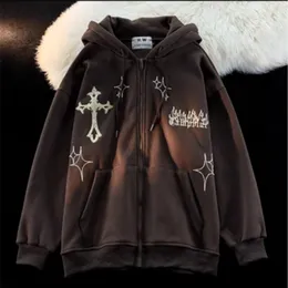 【本日限定価格！】GOTHIC CROSS HOODIE ZIP UP Gothic Cross Embroidered Zip Up Hoodie - Streetwear Y2K