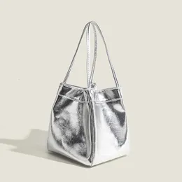 Womens Silver Bucket Handbag Small Stylish Lunch Bag From