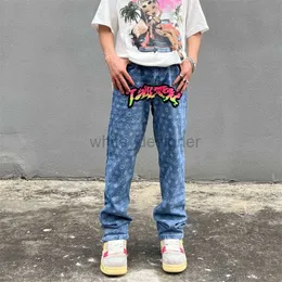 Jeans masculinos designer jeans estilo americano high street veludo bordado gradiente jeans para homens instagram na moda rua hip-hop solto perna reta calças de impressão completa