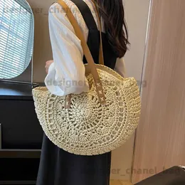 Bolsas de ombro Nova Rodada Str Beach Bag Mulheres Vintage Grande Tecido Bolsa de Ombro Raffia Circle Rattan Bags Bohemian Summer Vacation Boho Tote T240301