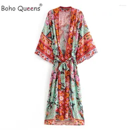 Kadın Mayo Boho Queens Kadınlar Tavuskuşu Baskı Bat Sleeve Plajı Bohemian Kimono Robe Ladies v Boyun püsküllü yaz Happie Bikini örtbasları