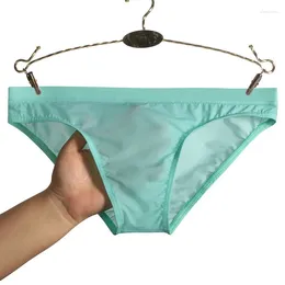 Underpants homens swimwear beachwear sexy cintura baixa gelo seda suave briefs translúcido biquíni sedoso respirável sissy calcinha deslizamento hombre