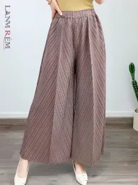 Capris LANMREM Pleated Pants For Women Casual High Elastic Waist Straight Wide Leg Trousers Female Clothing 2023 Spring New 2YA1628