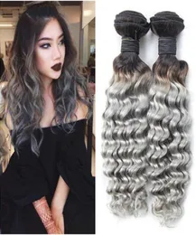 1bgrey Ombre Brazylijskie ludzkie włosy splotowe pakiety ciemne korzenie głębokie fala falisty srebrny szary ombre virgin fair Hair Extensions 3pc1783078