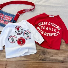 Kids cartoon badge labeling T-shirt boys girls letter printed long sleeve Tees 2024 spring children all-matching casual clothes Z6932