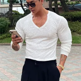 Long Sleeve Tshirt Men Vneck Cotton Bodybuilding Underwear Shirts autumn Jogger Sports Slimfit print top 240220