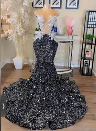 Sexy Black Sequins Mermaid Prom Dresses For Arabic Women Lace Applique Party Gowns Long Evening Dress Vestidos De Graduacion
