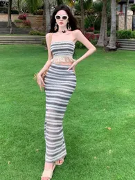 Work Dresses 2024 Women Black White Striped Tassel Strapless Knit Tops And Split Long Skirts 2 Two Piece Sets Party Vacation Summer Outfits