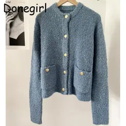 Cardigans Donegirl Autumn Inverno Nuovi 2023 donne blu Micchiaio singolo a maglia Magione singolo Simpulla Elegante versatile Cardigan Femmina femmina