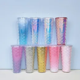 710ML Scale Cup Plastic Coffee Mug Bright Diamond Starry Straw Cup Durian Cups Gift Product