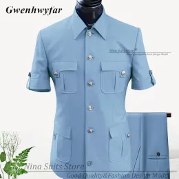 دعاوى GN GN Custom Made Africa Style Men Suits Sky Blue 2024 Short Sleeve Blazer Pants Starial Forman