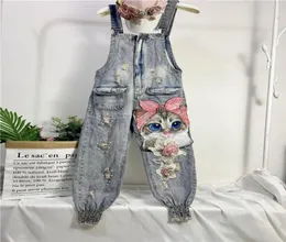 Kadınlar039S Tulumlar Salınmaçlar Kadın Baskı Karikatür Kedi Denim Tulum Tulum Deliği Gevşek Boncuklu Jean Pantolon Kadın Artı Boyut CAS4988763