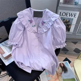 Women's Blouses Summer Oversized Sweet Patchwork Ruffles Loose Peter Pan Collar Short Sleeve Blouse Female Korean Buttons Shirts Women