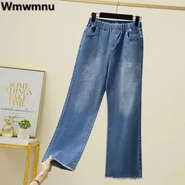 Oversize 4xl tornozelo comprimento perna larga jeans casual baggy elástico cintura alta calças jeans básicas vaqueros para 95 kg 240227