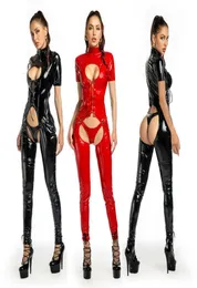 Catsuit Costumes Latex Faux Leather Women Jumpsuit Hollow Out Stretch PVC Lingerie Bodysuit Gay Fetish Costume Sexig Erotic Suitcat9717666