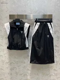Two Piece Dress Designer pra brand Nylon series color matching suit standing collar sleeveless coat + elastic high waist pack hip skirt Designer Women's clothing