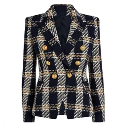 High Street Top Quality Est Fashion 2024 Designer Jacket Womens Lion Button Double Breasted Plaid Wool Tweed Blazer 240219