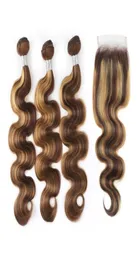 Howhow Highlight 427 Mänskliga hårbuntar med stängning av kroppsvåg Virgin Extensions 34st Swiss spetsfärgade ombre wefts16981197638509