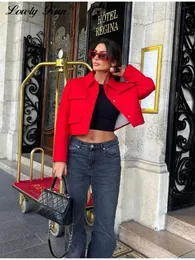 Elegante vermelho curto casaco feminino moda manga longa turndown collo fino feminino casacos primavera senhora streetwear jaqueta 240226