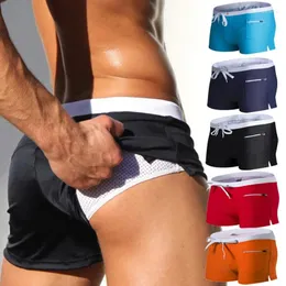 Calções de banho masculinos com bolso com zíper shorts de natação forro de malha verão secagem rápida elástico maiô