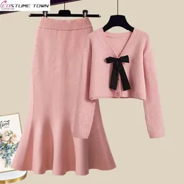 Large Womens Autumn/Winter Set 2023 New Korean Sweetheart Style Ultra Thin Knitted Sweetheart Fishtail Skirt Two Piece Set 240301