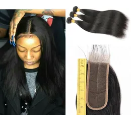 8a Billiga mänskliga hårbuntar med stängning Silkeslen Straight Brasilian Virgin Hair 3 Bunds med 2x6 Middle Part Lace Closure Natural 2451508