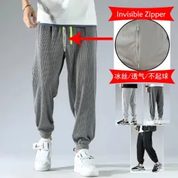 Pants Mężczyzn Summer Invisible Zipper Open Crotch Ice Silk Jogger Pants cienki harem męski mężczyzna