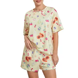 Kobiety Pajama Set Summer Truskawek Stafal Druszek Losowy top i elastyczne spodnie 2 kawałki swobodnego zużycia 240301