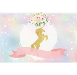 Gold Unicorn Birthday Party Pography Backdrop Pink Ribbon Digital Printed Flowers Bokeh Baby Shower Po Background for Studio6389361