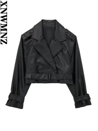 트렌치 xnwmnz 여자 패션 2023 가을/겨울 짧은 단기형 가짜 가죽 푸 트렌치 코트 여성 라펠 벨트 다목적 여성 재킷