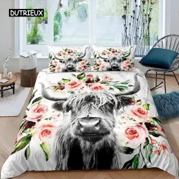 Set Highland Cow Flower Duvet Cover King Size Bull Cattle Bedding Set