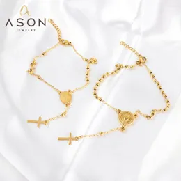 Länkarmband asonsteel rostfritt stål Beaded Chain Cross Rosary Pendant Armband för kvinnor män jungfru Maria religiösa kristna smycken