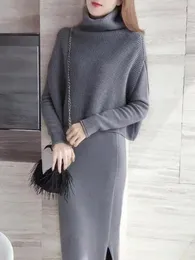 작업 드레스 2 조각 세트 여성 2024 가을 겨울 패션 슬림 니트 드레스와 기질 단색 터틀넥 풀오버 스웨터 탑
