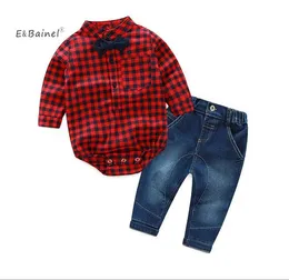Fashion Baby Boy Clothes Set 2Pc/set Long Sleeve Plaid T-shirt Baby Romper Jean Pants Baby Boy Clothing Outfit Overalls For Boy 240226