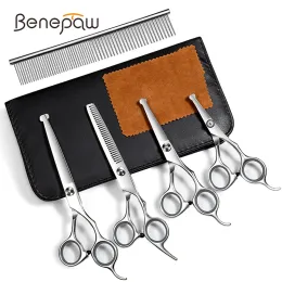 Tesoura Benepaw Professional Dog Tesoura Grooming Kit Aço Inoxidável Desbaste Tesoura Curva Reta Pente para Cabelo Longo ou Curto Pet