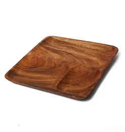 Vintage Style Acacia Wood Frukostplattor med 3 slots Eco Natural Wood Cakedesserts som serverar Tray Square Round Dish Plate Tablew2846222