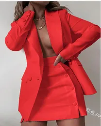 spring Women's Sexy Mini Skirt Suits 2 Pcs Formal Business Outfits Long Sleeve elegant red color Blazer Jacket Sets oversized Uniforms Office coat dress for Ladies