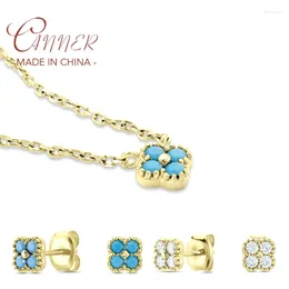Pendants CANNER S925 Sterling Silver Turquoise Flower Jewelry Set Stud Earrings Pendant Necklaces Chain For Women Gifts Collares Choker