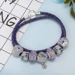 Purple Luxury Style Bracelet Double Loop Leather Rope Bracelets Female Enamel Daisy Beaded Pendant Bracelet Classic Diy Jewelry Wholesale