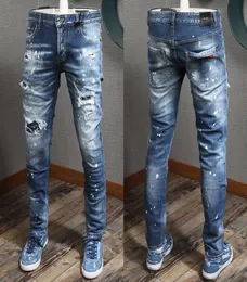Синие джинсы, мужские 5 карманов, лоскутные нашивки, эластичные джинсовые брюки с рваным эффектом, ковбойские брюки6689057